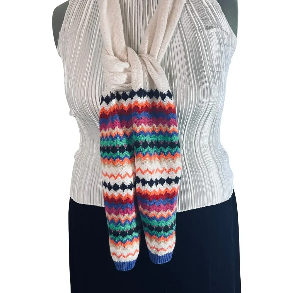 Talbots Multicolor Zigzag Knit Scarf Lambswool Blend Cozy Cabincore Winter Wrap